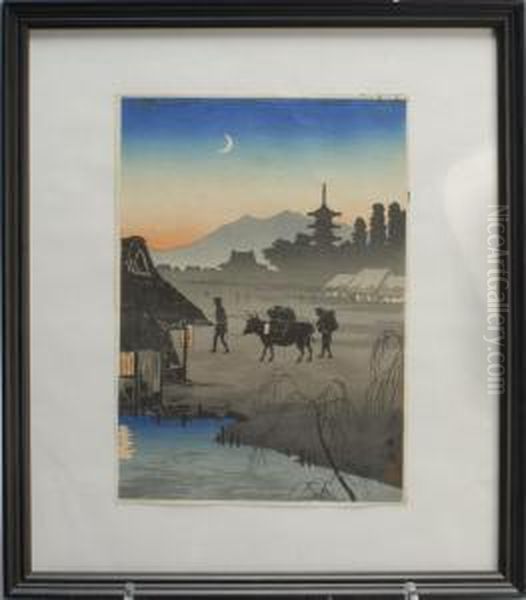 Village At Sunset With Crescent Moon, Water Buffalo, And Peasant Figures - view 1