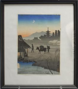 Village At Sunset With Crescent Moon, Water Buffalo, And Peasant Figures by Hiroaki Shotei
