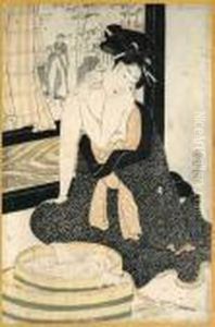 Jeune Femme Se Lavant Le Cou Agenouillee Devant Un Baquet. by Tamagawa Shucho