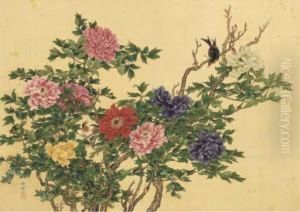 Peonies And Small Birds by Okamoto Shuki