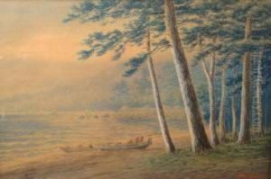 Two Fishing Boats On The Shore Of A Lake Beneath Pine Trees