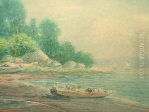 Dwellings By A River With A Distant View Of Mount Fuji