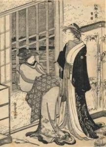 Deux Courtisanes Regardant Tomber La Pluie Par La Fenetre by Yushido Shuncho