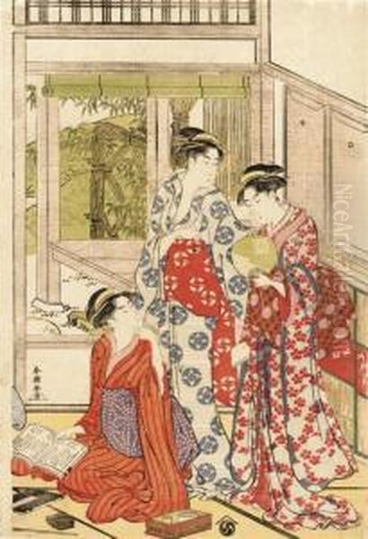 A Sheet From A Triptych Depicting A Girl Kneeling On The Floor Holding A Book In Her Hand While Two Others Stand Behind Her, One Of Whom Holds A Fan, Signed
Shuncho Ga
, Seal
Churin
, Published By Eijudo Han, Very Good Impression, Fresh Colours And Con - view 1
