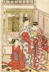 A Sheet From A Triptych Depicting A Girl Kneeling On The Floor Holding A Book In Her Hand While Two Others Stand Behind Her, One Of Whom Holds A Fan, Signed
Shuncho Ga
, Seal
Churin
, Published By Eijudo Han, Very Good Impression, Fresh Colours And Con by Yushido Shuncho