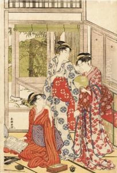 A Sheet From A Triptych Depicting A Girl Kneeling On The Floor Holding A Book In Her Hand While Two Others Stand Behind Her, One Of Whom Holds A Fan, Signed - view 1