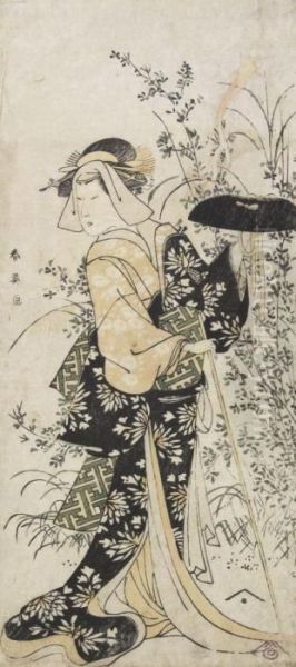 A Standing Figure Holding A Staff And A Wide Brimmed Hat Amongst Flowering Grasses - view 1