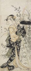 A Standing Figure Holding A Staff And A Wide Brimmed Hat Amongst Flowering Grasses by Katsukawa Shunei