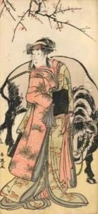 Jeune Femme Debout Tenant Un Buffle by Katsukawa Shunei