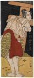 Shun'ei 
Hoso-e
. Der Schauspieler Ichikawa Monnosuke Wohl In Der Rolle Von Kagekiyo In Dem Kabuki-stuck 
Kagekiyo
, Akt I. Er Steht Vom Publikum Abgewandt Vor Einem 
Torii
, Die Armel Und Sein Gewand Hochgebunden. Bez.: Shun'ei Ga. Verlag: Igaya. Ca. 178