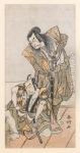 Two Actors, Nakamura Nakazo I On The Right, Standing Over Otani Hiroji Iii Kneeling At His Feet, In Unidentified Roles And Play by Katsukawa Shunko
