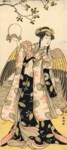 Danseuse Debout En Costume D'oiseau Tenant Un Miroir. by Katsukawa Shunko