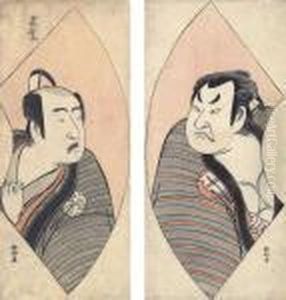 Two Prints Depicting Actors In Fan-shaped Borders
