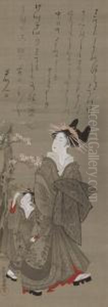 Courtesan And Attendant Walking Beneath Cherry Blossoms - view 1