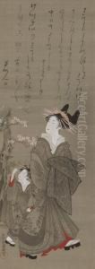 Courtesan And Attendant Walking Beneath Cherry Blossoms by Kubo Shunman