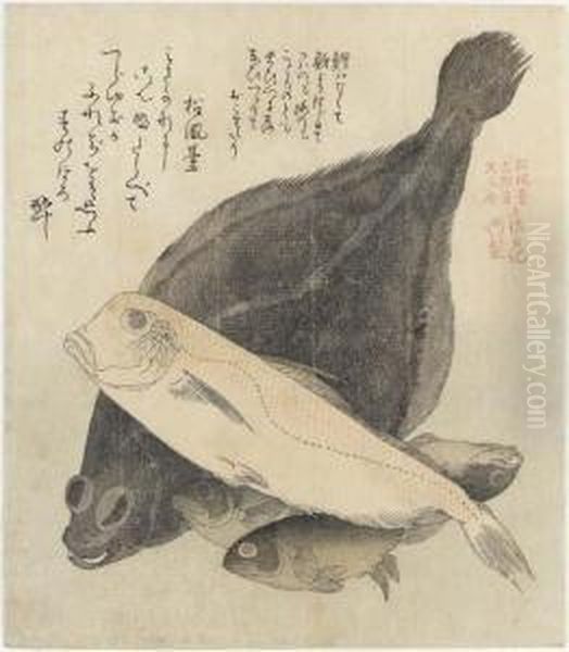 Flounder And Four Fish, From The Series Shofudai Hisakatayabumbunsha Tosa Nikki (the Tosa Diary For Shofudai, Hisakataya Andbumbunsha) - view 1