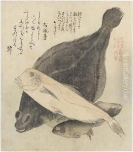 Flounder And Four Fish, From The Series Shofudai Hisakatayabumbunsha Tosa Nikki (the Tosa Diary For Shofudai, Hisakataya Andbumbunsha) by Kubo Shunman