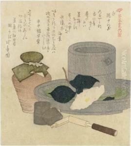 Tea Grinder, Caddy, Tea Leaf Jar And White Camellia, "white", Fromthe Series Chaki Goshiki (five Colors Of Tea Ware) by Kubo Shunman