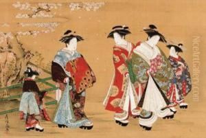 Courtesans On Parade Beneath A Blossoming Cherry by Kubo Shunman