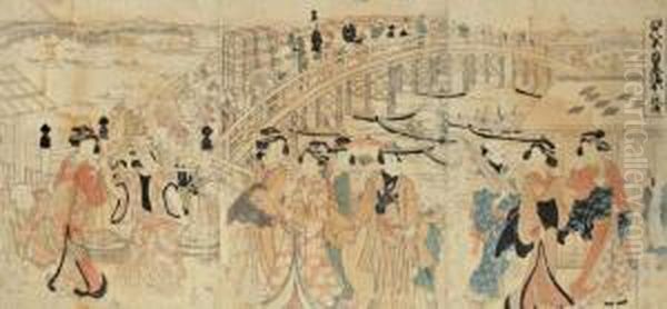 Triptyque Intitule <edo Hakkei No Uchi, Nihon Bashi>, Le Nihon Bashi (pont De Nihon) A Edo - view 1