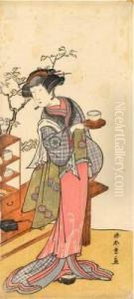 Portrait De L'acteur Nakamura Tomijuro Dans Un Role Feminin Avec Une Tasse De The A La Main. - view 1