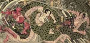 A Triptych Showing Egara No Heita, Slaying A Huge Python-like Serpent, Published By Itoya Yohei In 1805-7, Very Good Impression, Colour And Condition, Full Size; One Triptych, Two Diptychs; And Two Single Prints Of Warriors By Shuntei In Fair To Good Gene by Katsukawa Shuntei