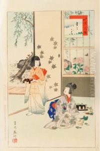 Two Woodblocks Of Young Girls by Miyagawa Shuntei