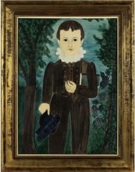 Portrait Of A Young Boy With Dark Hair Holding A Blue Cap And Standing In A Grape Arbor: Henry O. Winch - view 1
