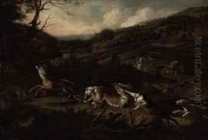 A Stag Hunt With Hounds Bringing Down A Stag In The Foreground,huntsmen Beyond by Jan Siberechts