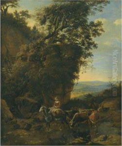 A Rocky Outcrop With Riders And Cattle Crossing A Stream by Jan Siberechts