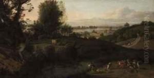 A Wooded River Landscape, With Figures Shooting And Hunting,mountains Beyond A Wooded River Landscape, With Figures Shooting And Hunting,mountains Beyond