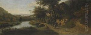 A Bosky River Landscape With A Drover On A Donkey Along A Path,cattle Watering To The Left by Jan Siberechts