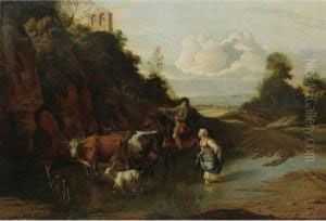 Landscape With A Peasant Girl And Man On Horseback Fording Astream With Cattle And Goats by Jan Siberechts