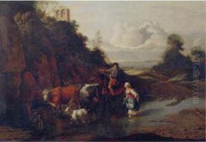 Landscape With A Peasant Girl And Man On Horseback Fording A Stream With Cattle And Goats by Jan Siberechts