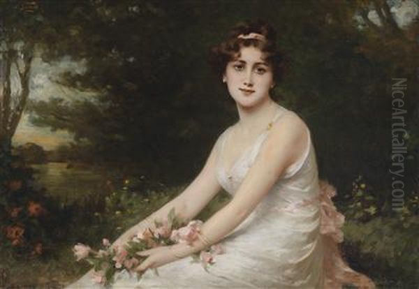 Young Lady With Roses By The Bank Of A Lake - view 1