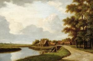 Two Fishing Men With A Village In The Background