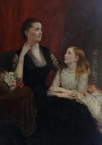 Mother And Daughter In A Drawing Room, Themother Seated, Three-quarter Length, Wearing A Black Silk Dress,the Daughter At Her Knee Wearing A White Silk Dress by Samuel Sidley