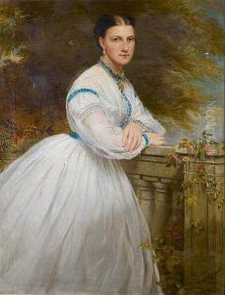 Portrait Of A Lady, Three-quarter Length, Wearing A White Dress, Leaning Against A Garden Wall - view 1