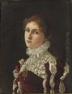 Portrait Of A Lady, Bust-length, In A Red Dress And Cap Embroidered With Pearls by Herbert Sidney