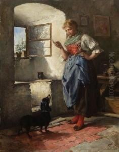 Dirndl Mit Dackel In Der Stube.