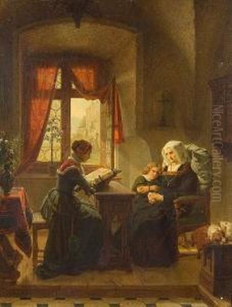 Interior Scene With Figures Reading From Abook - view 1