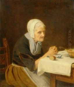 Teatime. Elderly Lady At The Table, Her Hands Folded To Prayer.