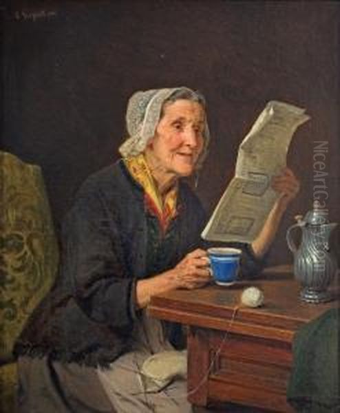 Alte Frau Mit Zeitung Und Kaffeetasse - view 1