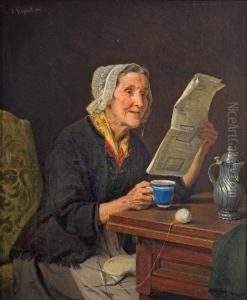Alte Frau Mit Zeitung Und Kaffeetasse by August Friedrich Siegert
