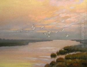 A Flock Of Seagulls Over A Marsh