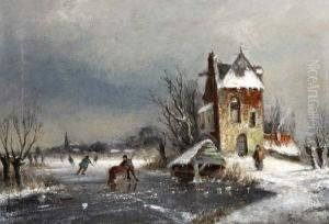 Winterslandschap Met Schaatsers Bij Een Toren