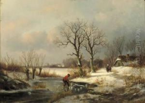 A Winter Landscape With A Figure Near A Hole In Ice