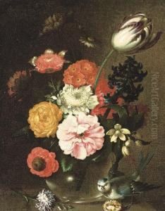 Parrot Tulips, Roses, Narcissae, Carnations And Other Flowers In A Glass Vase On A Ledge With A Swallow; And Roses, A Parrot Tulip, Primula, Bluebells And Other Flowers In A Glass Vase, On A Ledge With A Swallow And A Walnut