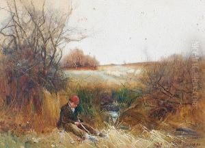 A Boy Cutting Reeds By A Stream