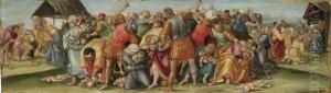 The Massacre Of The Innocents With The Adoration Of The Shepherdsand The Adoration Of The Magi, Panel From A Predella by Luca Signorelli